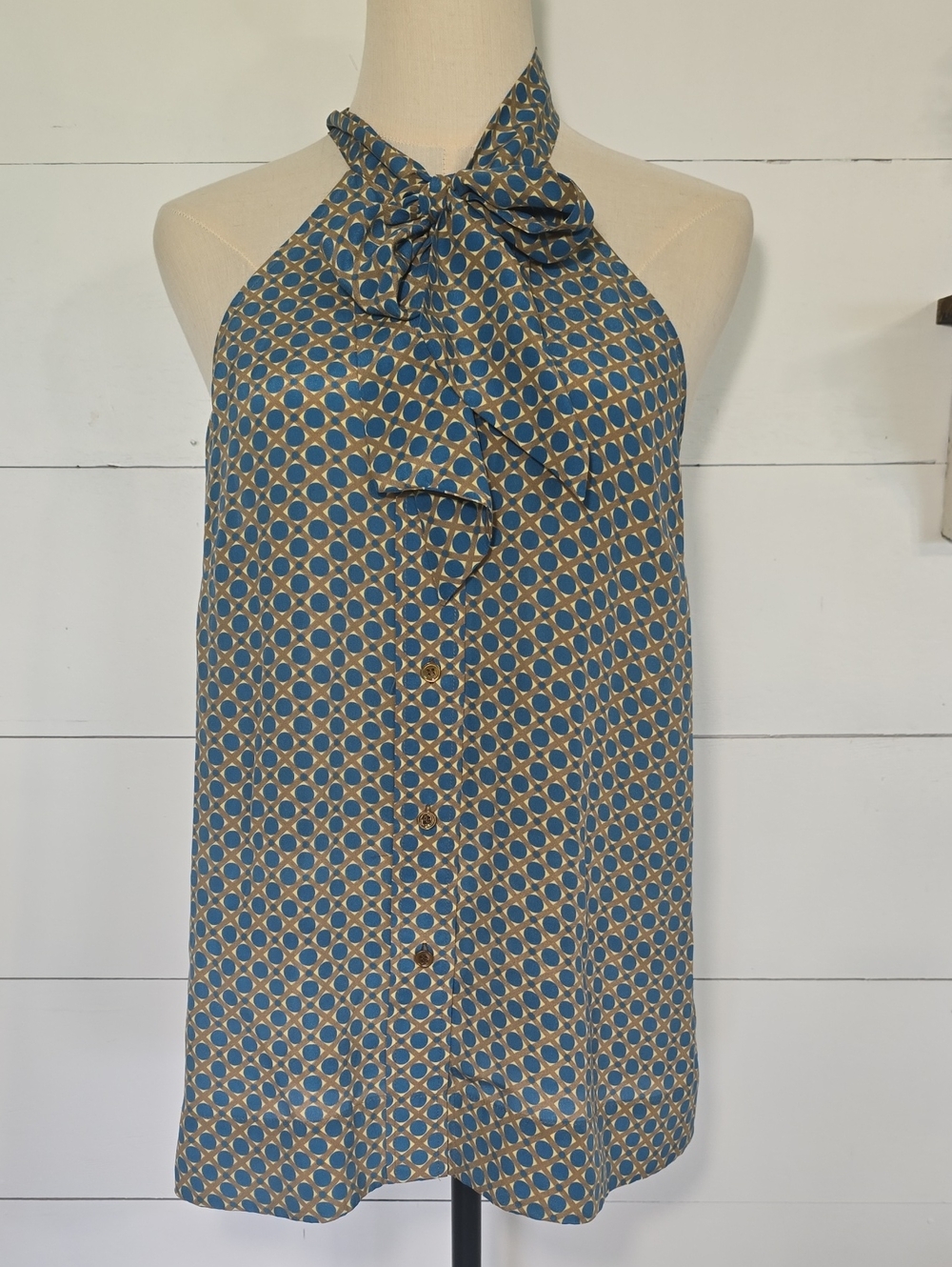 Girls From Savoy Anthropologie Silk Halter Blouse Blue Yellow Geometric Bow Tie